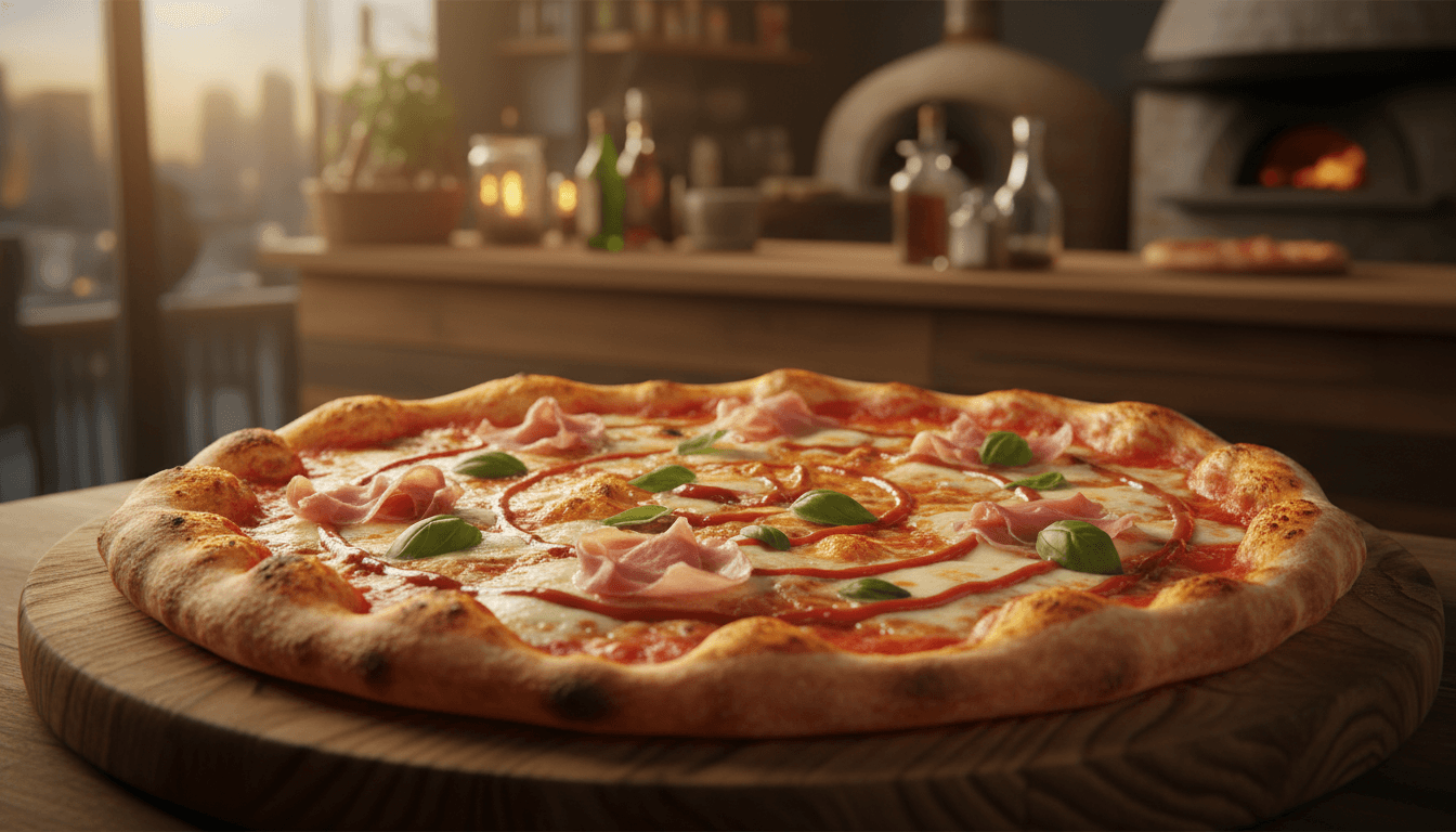 Pizza artesanal recién horneada con ingredientes frescos en La Prima Pizza